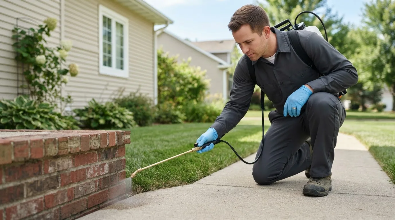 Pest control technician treating a home near Roosevelt, WA